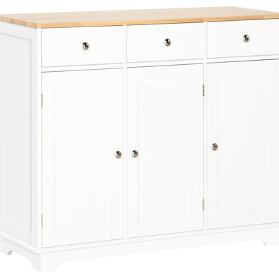 Buffet de cuisine moderne blanc avec comptoir en bois massif, 3 tiroirs, portes, tablette réglable dans le comptoir, pour une organisation attrayante