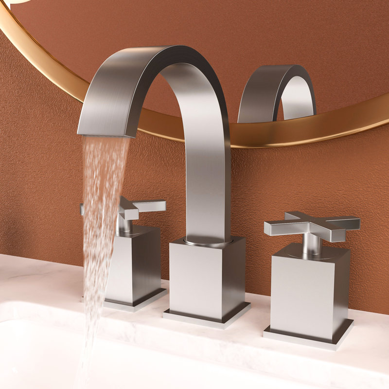 Robinet de salle de bain en nickel brossé avec bec cascade et 2 poignées - Laiton massif en acier inoxydable, conduites d'évacuation d'eau pour un évier à poignée relaxante en acier, pratique