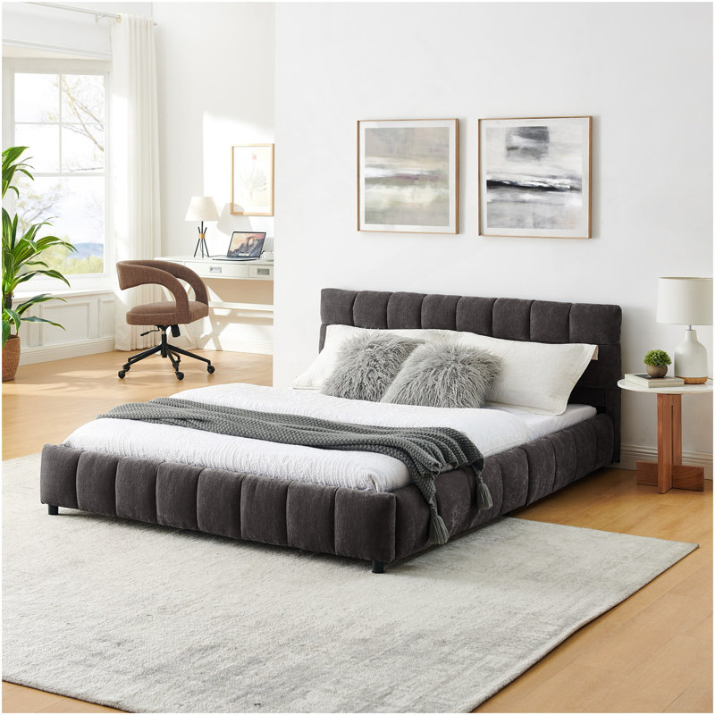 Queen Size Upholstered Bed ,Comfortable Upholstered Bed Frame, Chenille Fabric, With Headboard And  Bed Frame. With Drawer For Storage.-Dark Gray