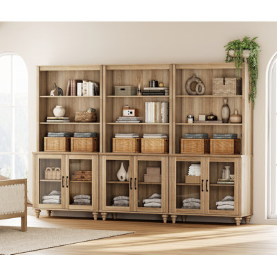 Ensemble de bibliothèque H 72,1 "x l 101,6" avec portes Scarlett, ensemble de 3 bibliothèques à 5 niveaux, grande bibliothèque avec armoires de rangement en verre, grandes bibliothèques en bois pour le salon, la chambre et le bureau