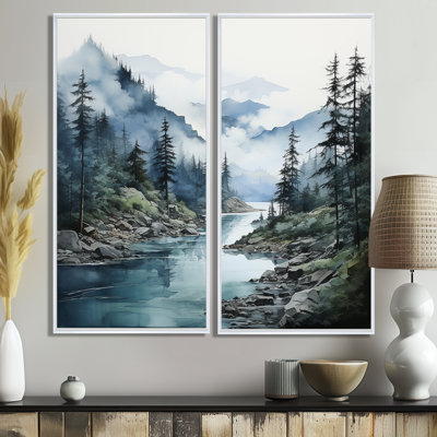 Gris et bleu, minimalisme, forêt, réflexions II - art mural minimalisme