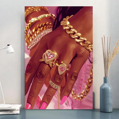 Heart-shaped gemstone ring, Gold chain bracelet, Luxurious Jewelry Gallery Wrapped Canvas Wall Art, 24" H x 36" W Ready to Hang