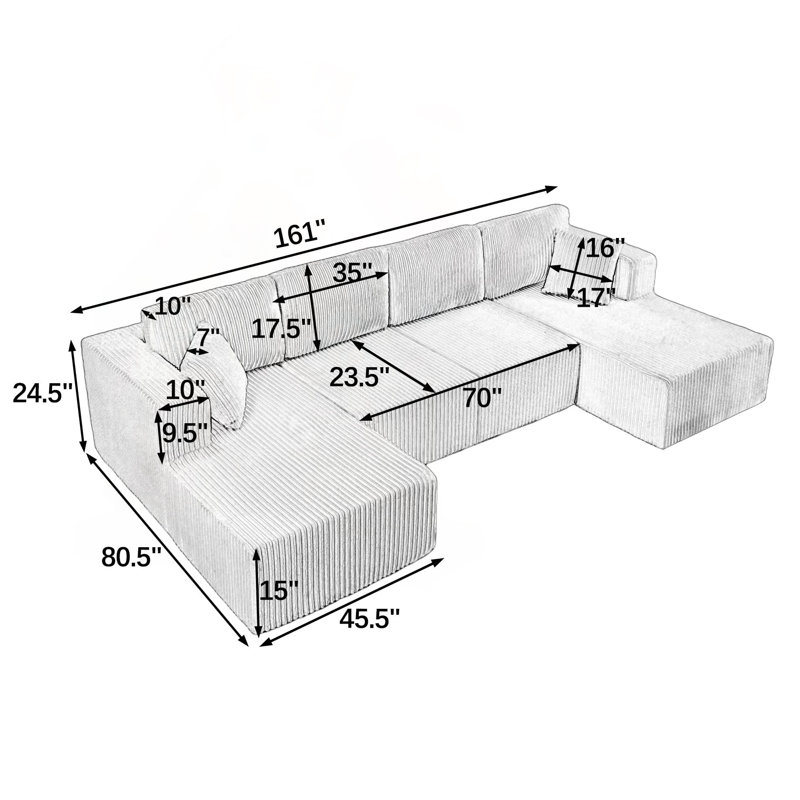 Canapé modulaire en U avec velours côtelé et sans assemblage, Dark Grey Fabric, Gris foncé