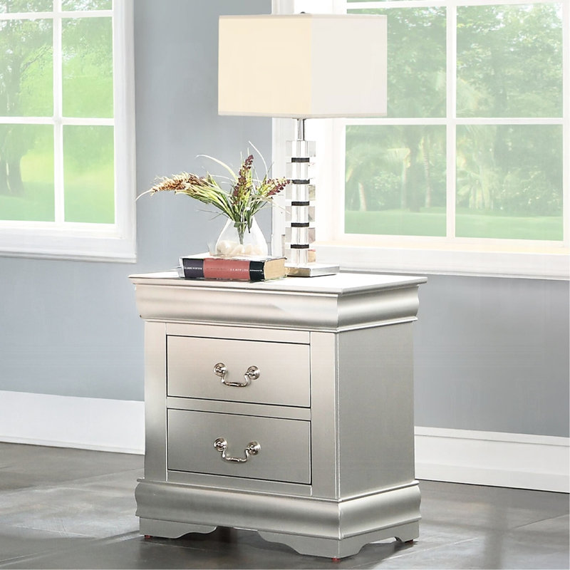 Table de chevet de chambre à coucher avec 2 tiroirs en bois - pin, panneau de particules +, tiroir gris argenté et poignées en métal