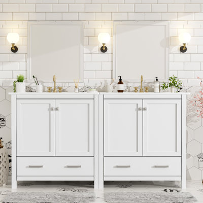 Ensemble de meuble-lavabo avec double meuble-lavabo (séparé), double lavabo en céramique, tablette de rangement et tiroirs divisés, meuble-lavabo