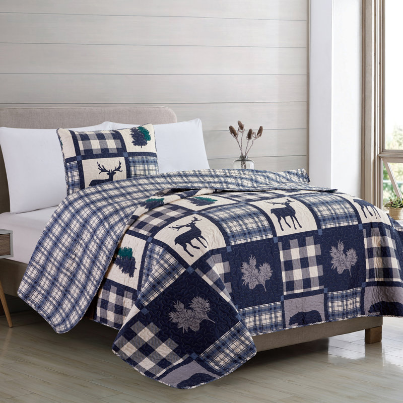 King Size Navy and Grey Microfiber Reversible Quilt Set