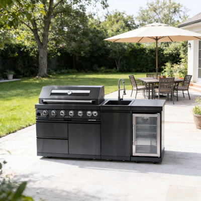 Îlot de cuisine extérieure, 6 brûleurs, 85 000 €, gril, cellier à vin, réfrigérateur, évier en acier inoxydable, design américain, barbecue Living Spaces avec ensemble compact et comptoir en granit noir