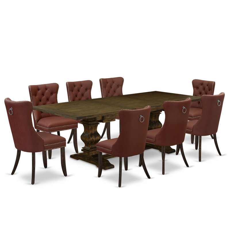 Ensemble de salle à manger 9 pièces comprenant une table de cuisine rectangulaire avec rallonge amovible et 8 chaises, Jacobean patiné