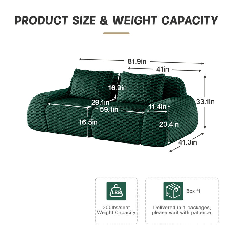  Canapé modulaire de 82 po en flanelle de style texturé «Boneless» avec assise profonde et repose-pieds, vert, Vert