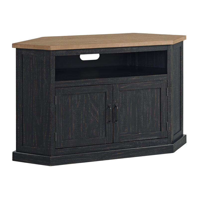 Meuble télé d'angle coin en bois massif 50 po avec rangement Kinsella, Noir / plateau en bois flotté