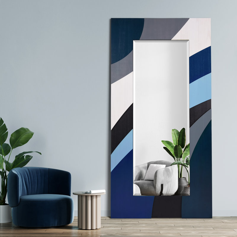 Miroir incliné en bois de paulownia massif fait à la main 80 po x 40 po «Blue Waves»