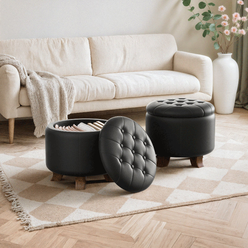 Upholstered Storage Ottoman Bench, PU Leather Button Tufted Ottoman Footrest Stool for Living Room, Black