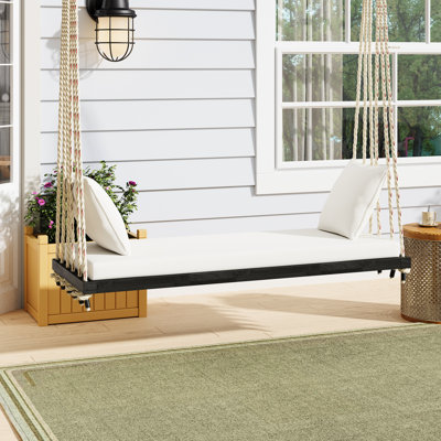 Balancelle de jardin avec structure en bois, siège de 63 po x 23,6 po, 1 coussin, 2 coussins, 6 cordes de chanvre de 10,8 pi chacune, patio de 30 minutes en bois, assise, siège d'une capacité de 400 lb