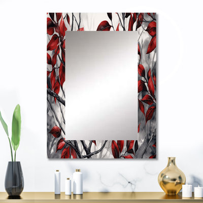 Red Grey Leaves On Tree VI - Floral Mirror, Traditional Decorative Wall Mirror, Printed Metal Art