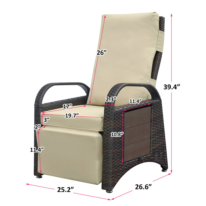 Fauteuil inclinable d'extérieur en osier PE: dossier réglable, kaki avec coussin amovible