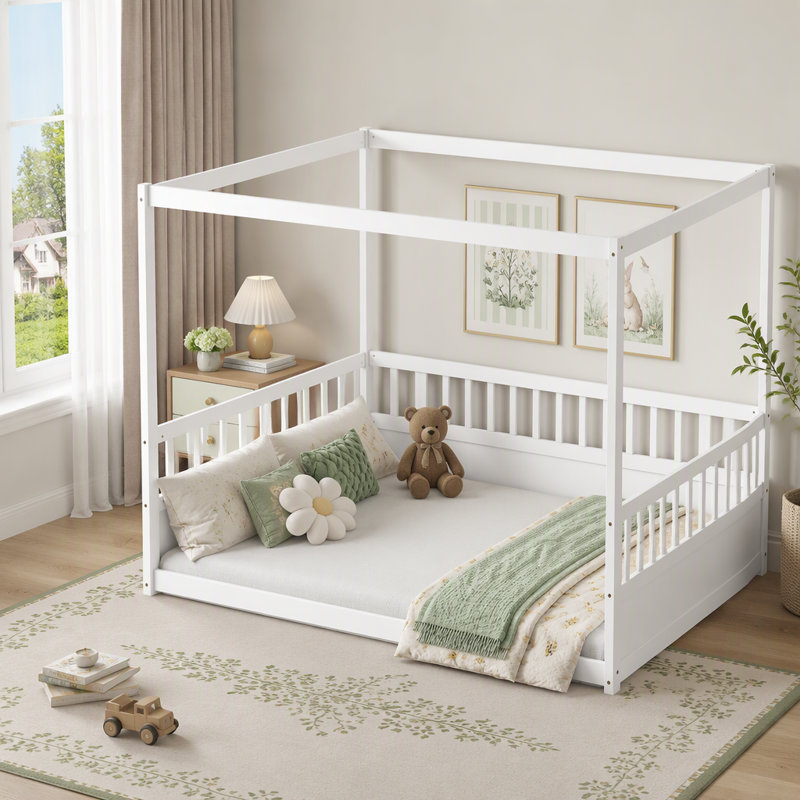 Wooden Montessori Floor Bed Frame with High Guardrails and Canopy for Safe Kids Sleeping, Full / Double, White