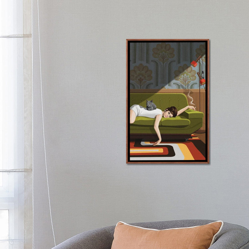 «Waiting Game on Canvas» par Artcatillustrated Print, Impression encadrée, H 48 po x l 32 po, Bois foncé rustique
