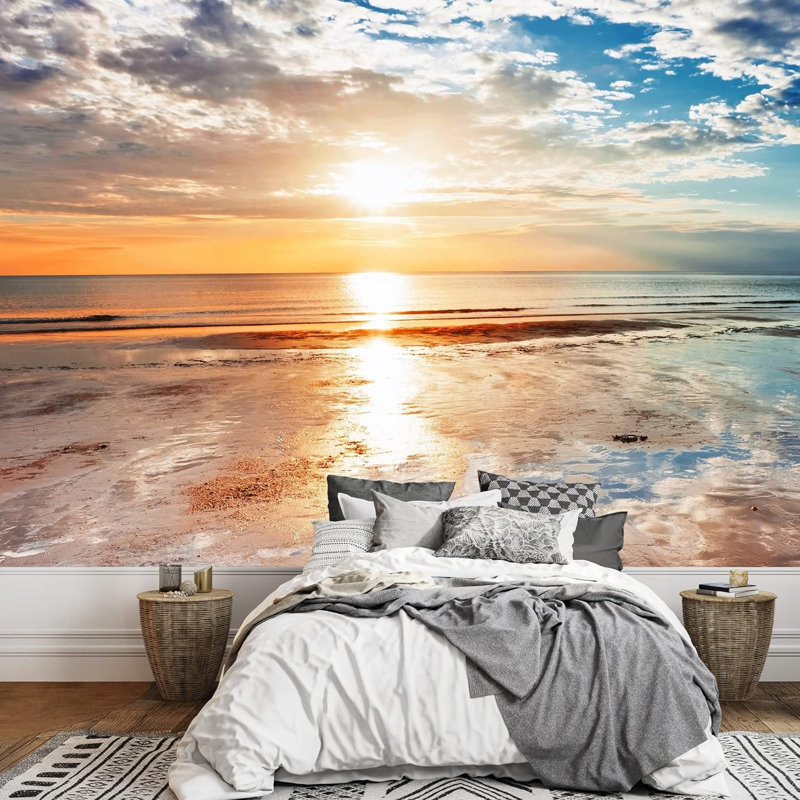 Neon soleil pastel océan mer horizon nature photographie paysage rustique nautique papier peint, L 66 po x l 96 po