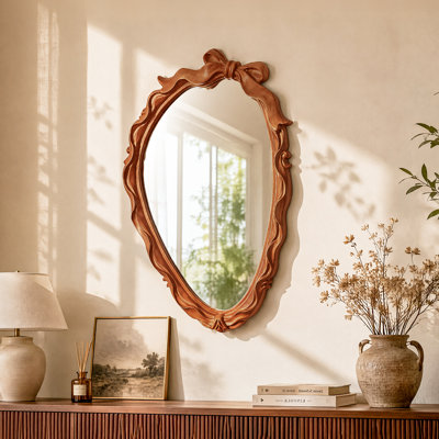 Miroir ovale en bois de 50 x 75 cm, miroir sculpté de salle de bain vintage avec motif de nœud papillon