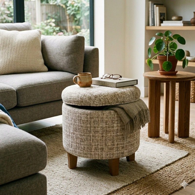 Round Button-Tufted Storage Ottoman, Cream Woven Polyester Blend
