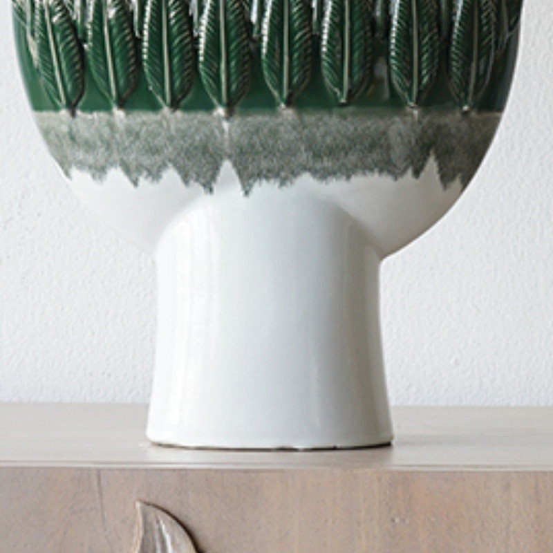 Vase en céramique rétro frais, bordure à motif de feuilles vertes tropicales, idéal pour présenter plusieurs bouquets.