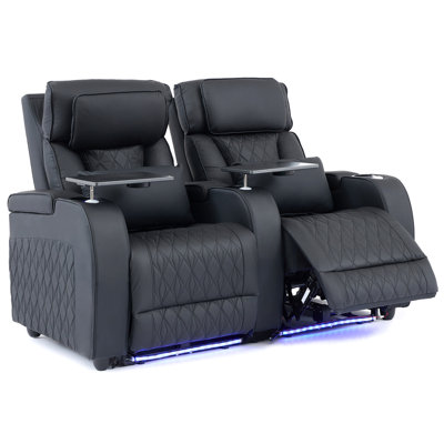 Home Theater Seating Top Grain Leather, Movie Theater Chairs Theater Recliner Sofa With Dual Power Ergonomic Design 7 Colors Ambient Lighting Tray Table Type-c Usb Charge (black, Row Of 2)