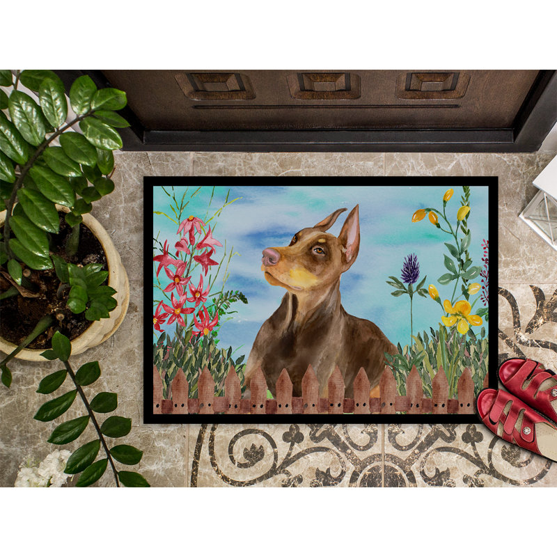 Tapis de porte pour l’extérieur antidérapant doberman pinscher spring, Rectangulaire : 18 po x 27 po