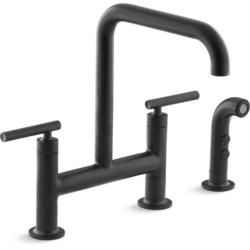Kohler Purist® Two Handle Deck-Mounted Bridge Kitchen Sink Faucet with Pull Out Side Sprayer, Matte Black