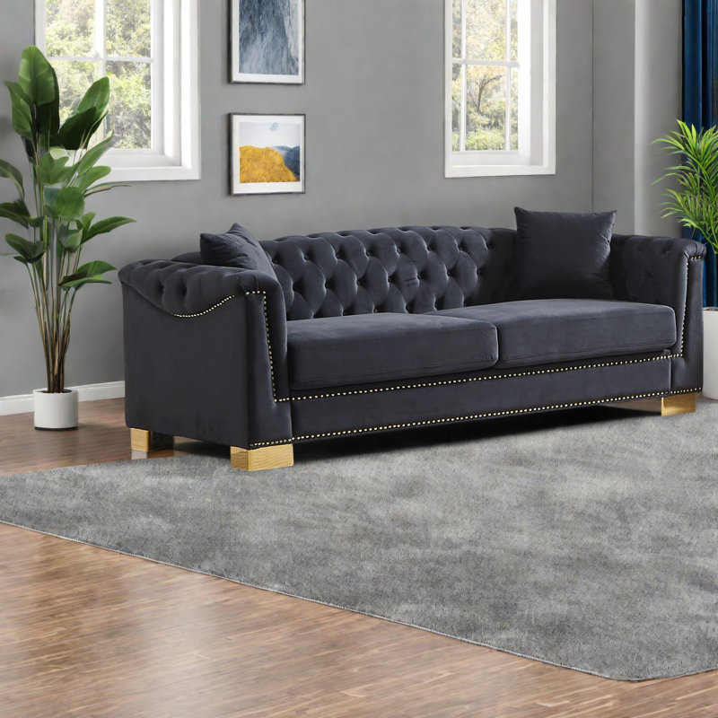Canapés Chesterfield de luxe en velours moderne de 84 pouces avec accoudoirs roulés pour la maison