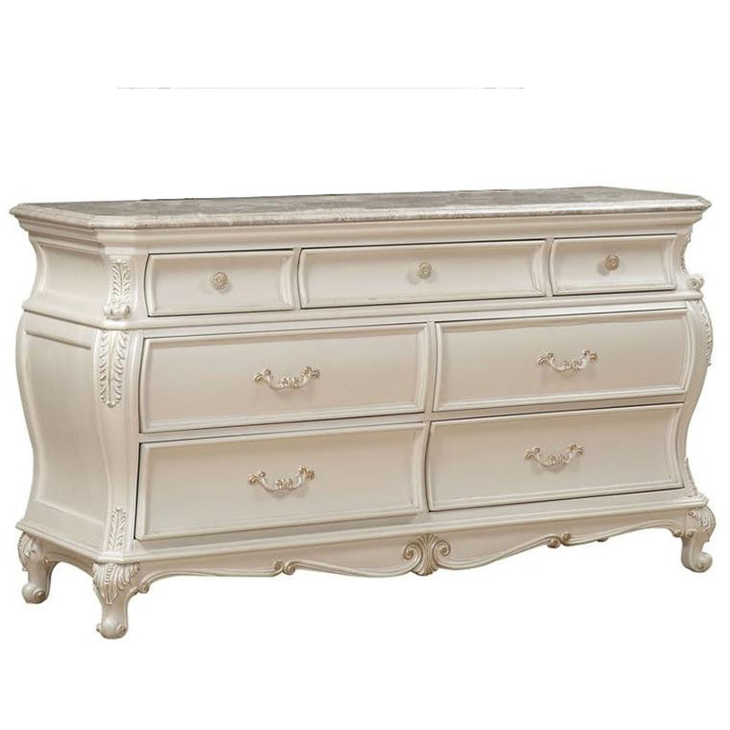 Commode 7 tiroirs avec miroir Waldorf, Blanc perle