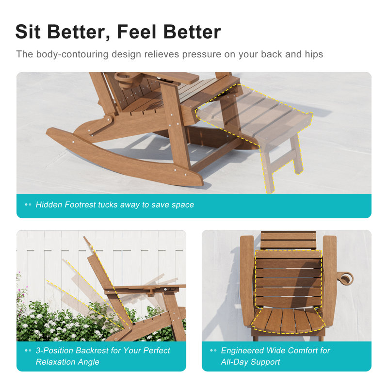 All-Weather HDPE Folding Adirondack Rocking Chair with Retractable Ottoman, 3-Position Adjustable Outdoor Rocking Chair for Patio, Gargen, Deck