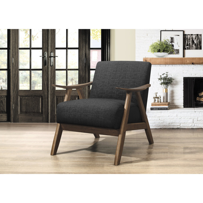 Fauteuil d'appoint rembourré gris foncé avec structure en bois texturé au fini noyer massif d'inspiration rétro, Gris foncé