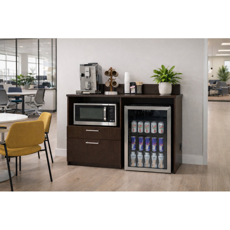 Office Breakroom Refreshment Cabinet with Microwave Shelf & Mini Fridge Opening – Fully Assembled Commercial Coffee Station – 48" W x 24" D x 36" H