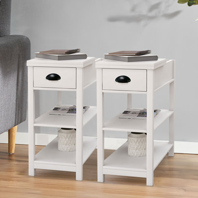 Set Of 2 Narrow Side Tables With Drawer And Bottom Divider, Flip Design, White
