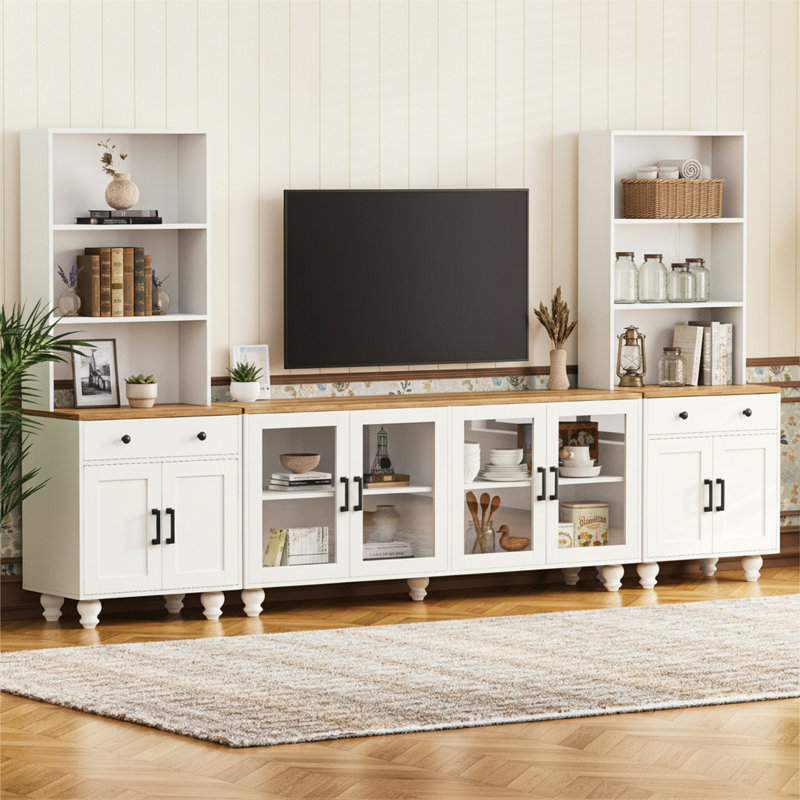 Farmhouse Media Console with Bookshelves & Tempered Glass Doors, Adjustable Storage, Fits TVs up to 70" – White/Natural