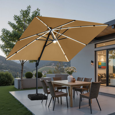 11x 11 Ft Square Patio Solar Led Lights Cantilever Umbrella with Weighted Base