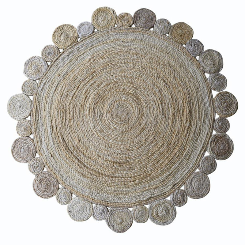 Amoll Hand Woven Jute Eco-Friendly Solid Area Rugs - 5' x 5', Round, Cream Color, Oriental Design, Low Pile, Natural Fiber, Outdoor Indoor Handmade Area Rugs for Living Room, Bed Room