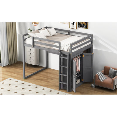 Gray Loft Bed With Wardrobe, Shelves, Led & Materials Full Size Table