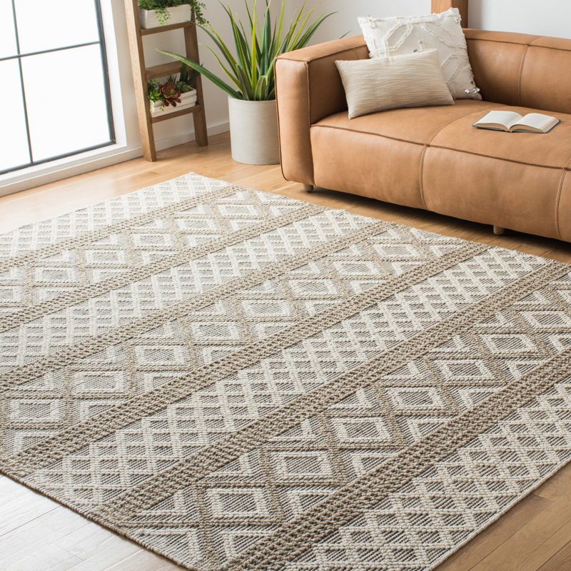 Vermont Hand Woven Wool/Cotton Geometric Rug in Gray/Ivory, Rectangle 8' x 10'