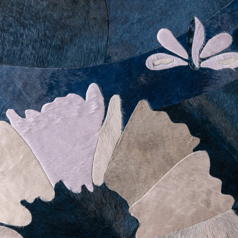 Shibori Cowhide Floral Area Rug in Blue/White/Gray, Rectangle 7' x 10'