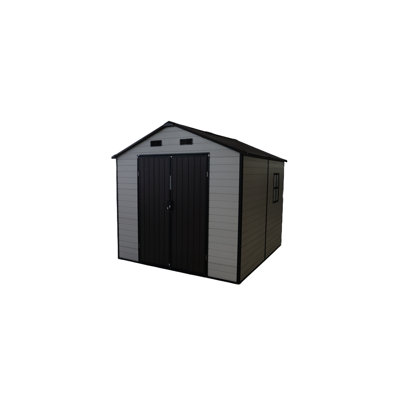Outdoor Resin Shed 8x8x7.6ft, Aluminum Frame, Floor And Two Windows, Ideal For Backyard Organization Patio Furniture Storage, Antique Brown + White 8x8 Ft Spacious Storage With Natural Good Lawn