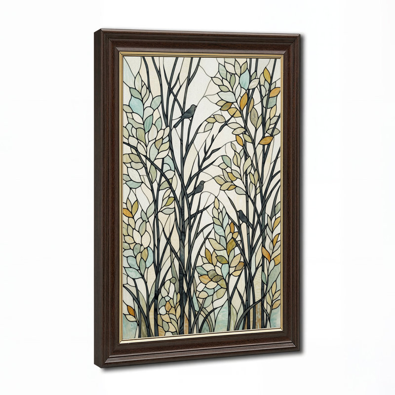 Arbres et oiseaux en vitrail, tableau sur toile, H 24 po x l 16 po