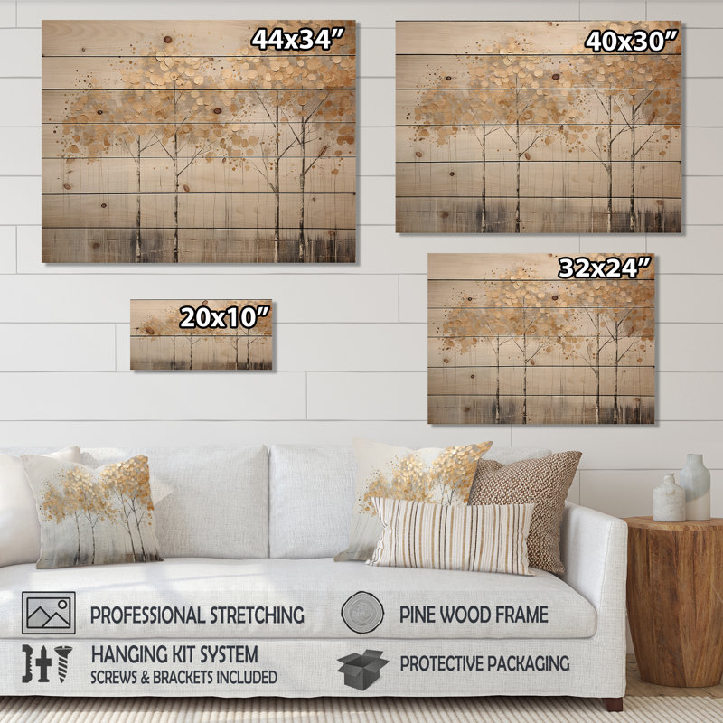 Minimalisme Golden Trees Tranquility - arbres, art mural sur bois de pin naturel, H 10 po x l 20 po