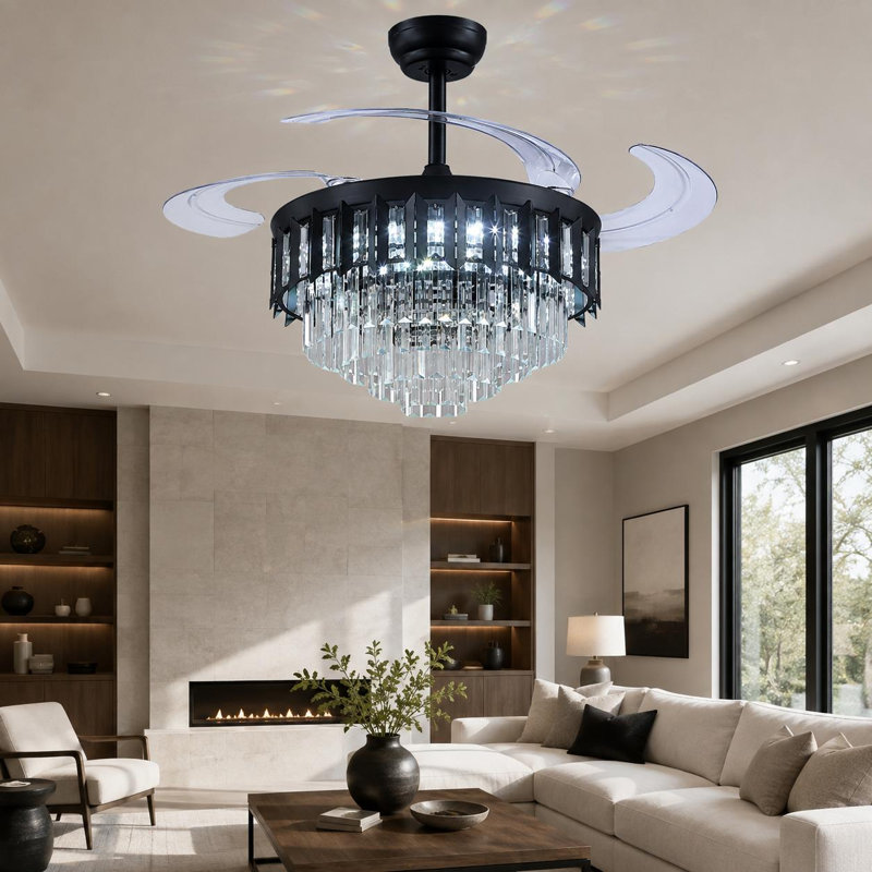 Ventilateur de plafond 48 "rétractable en cristal avec lumières DEL et télécommande, Black
