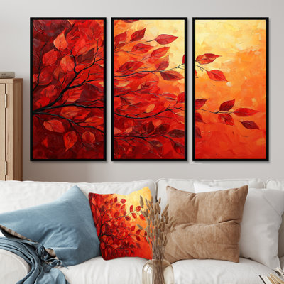 Automne, coucher de soleil et feuille d'érable I - feuilles, art mural - ensemble de 3