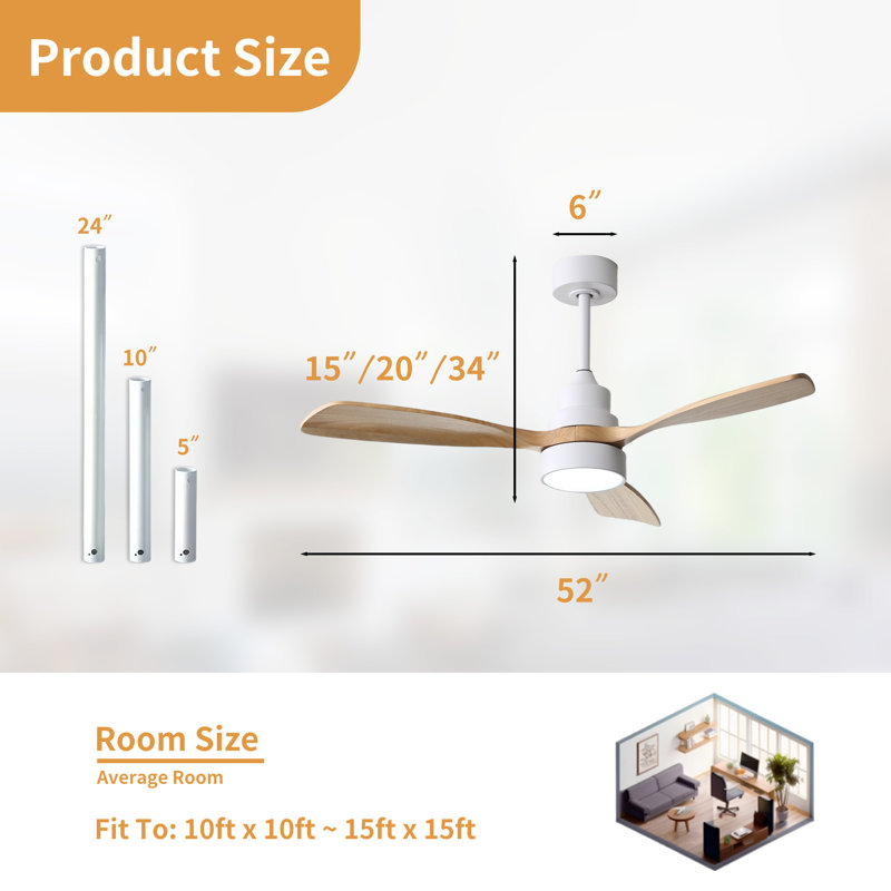Auravista 52 In. Indoor Oak Blades Ceiling Fan Chrome Housing With LED Light Bulbs And Remote Control, Light Yellow