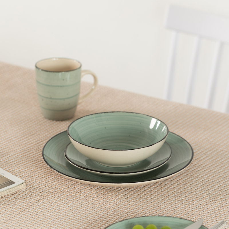 64-piece Spin Wash Stoneware Dinnerware Set Service For 16 Swirl Glazed Green Finish Includes Mugs, Bowls, Salad And Dinner Plates Chip And Crack Resistant Microwave And Dishwasher Safe
