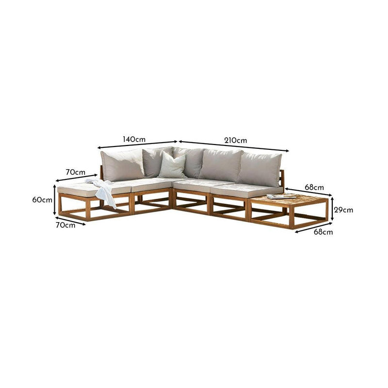 Rimasha 5 Seater Wooden Garden Chaise Corner Sofa Set with Coffee Table, Beige