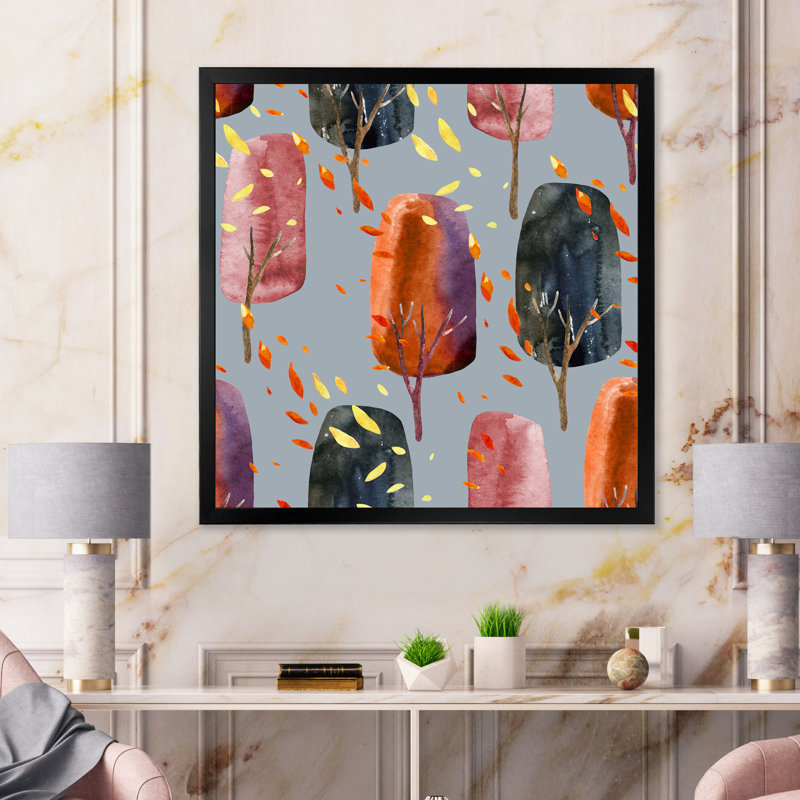 «Retro Autumn Trees With Falling Leaves II», reproduction d'art sur toile, H 30 po x l 30 po x P 1 po, Cadre photo noir