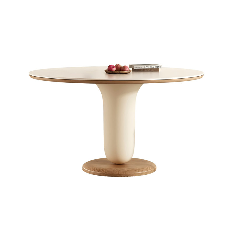 Sintered Stone Solid Wood Oak cream Dining Table, 29.53"H x 51.18"L x 51.18"W